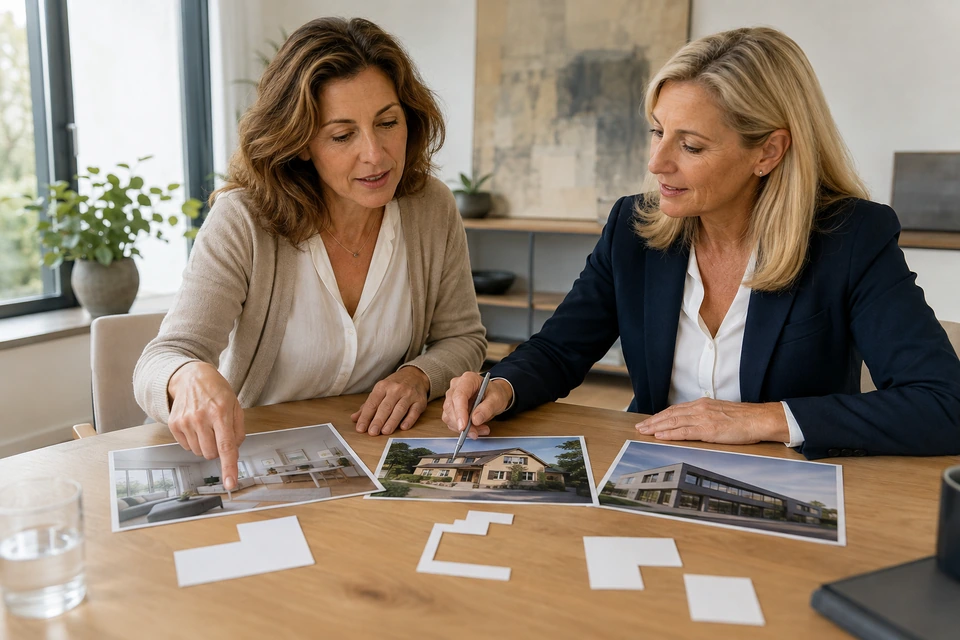 Symbolischer Austausch über unterschiedliche Immobilienbilder